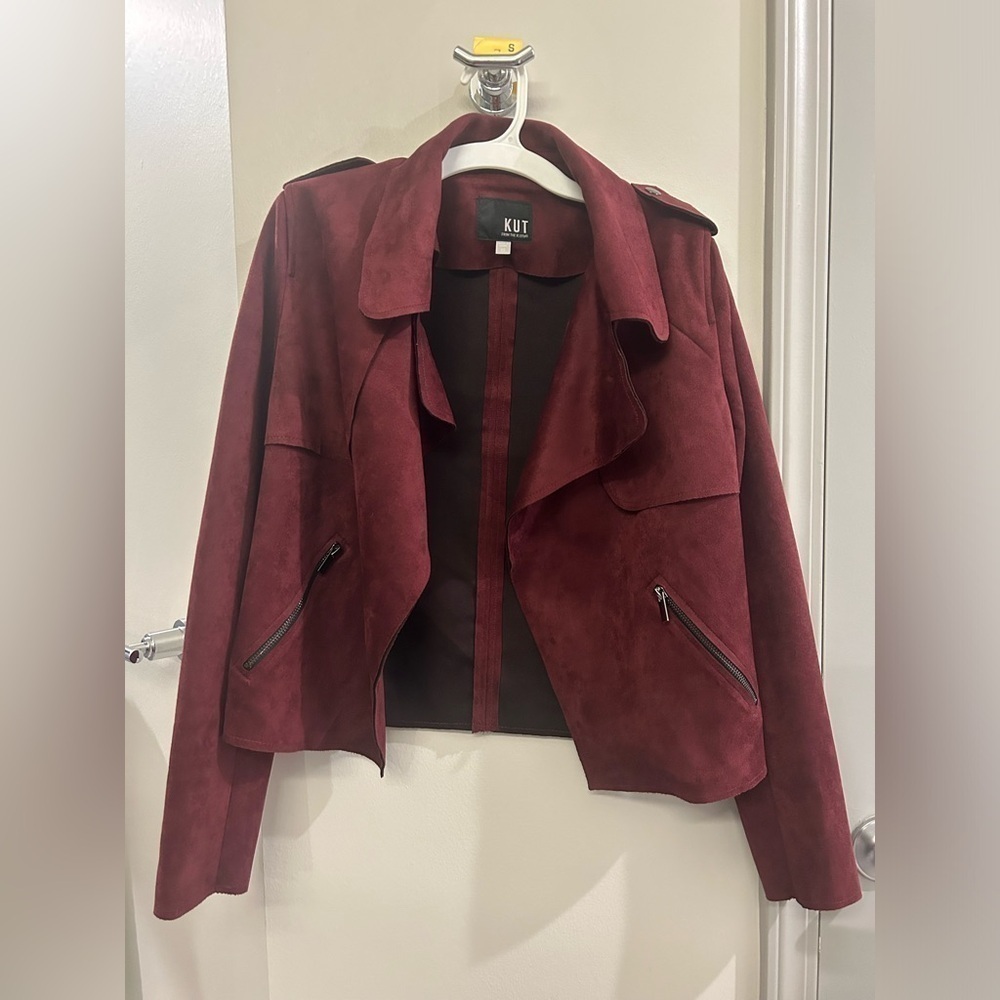 Kut from the Kloth Jacee Draped Moto Jacket XS Burgundy Zipper Pockets